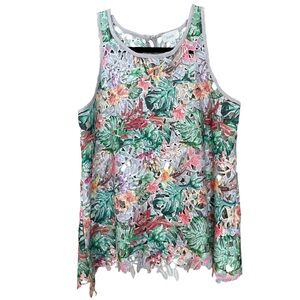 Tropical Floral Lace Overlay Tank Top - Multi Green